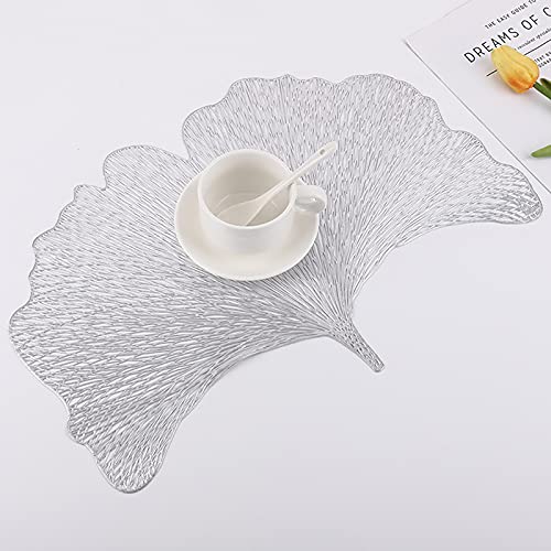 Hosoncovy 4 Pack Ginkgo Biloba Decorative Placemats PVC Placemats Hollow Table Place Mats Heat Resistant Non-slip Dining Placemats Leaf Placemat for Home Kitchen (Silver)