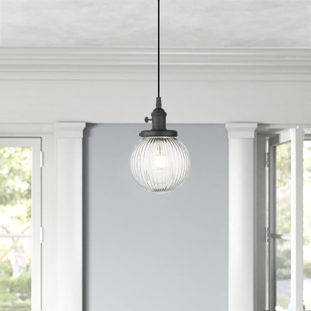 Yosoan Industrial Glass Pendant Light Fitting, Ribbed Ball Hanging Ceiling Light for Kitchen Island,Dining Room,Bedroom,Lving Room (Black)