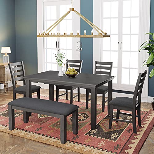 Merax 6-Piece Wooden Dining Table Set with 4 Cushioned Chairs and Bench, Kitchen Family Furniture, Grey-6pcs-2