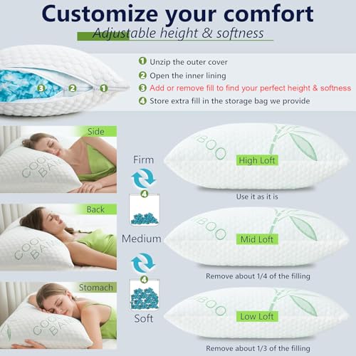 DGPEAR Memory Foam Pillows, Cooling Pillows Queen Size Set of 2 Adjustable Firm Bamboo Bed Pillows for Hot, Side, Back and Stomach Sleepers