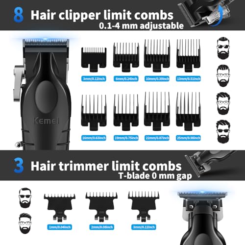 KEMEI Professional Men's Hair Clipper Cordless Hair Clipper with T Blade, Foil Razor, Electric Shaving and Cutting Kit with 11 Guide Combs
