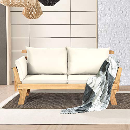 Tangkula Acacia Wood Patio Convertible Couch Sofa Bed with Adjustable Armrest, Outdoor Daybed