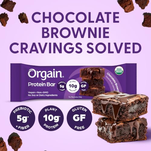 Orgain Organic Vegan Protein Bars, Chocolate Brownie - 10g Plant Based Protein, Gluten Free Snack Bar, Low Sugar, Dairy Free, Soy Free, Lactose Free, Non GMO, 1.41 Oz (12 Count)