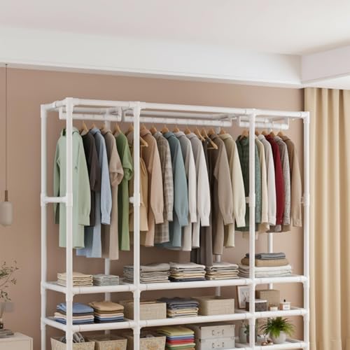 Portable Closet,Portable Closets for Hanging Clothes,Japanese Style Wardrobe with 3 Hanging Rods,9 Storage Shelves,56.2" L x 17.7" W x 65.1" H, (White)