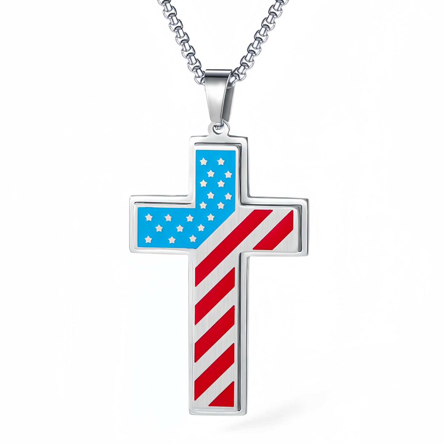 WULZST American Flag Cross Pendant Necklace for Men,Patriotic Enamel Religious Men's Pendant Necklace with Stainless Steel Chain,Unique Christian Gifts for Dad,Husband,Boyfriend