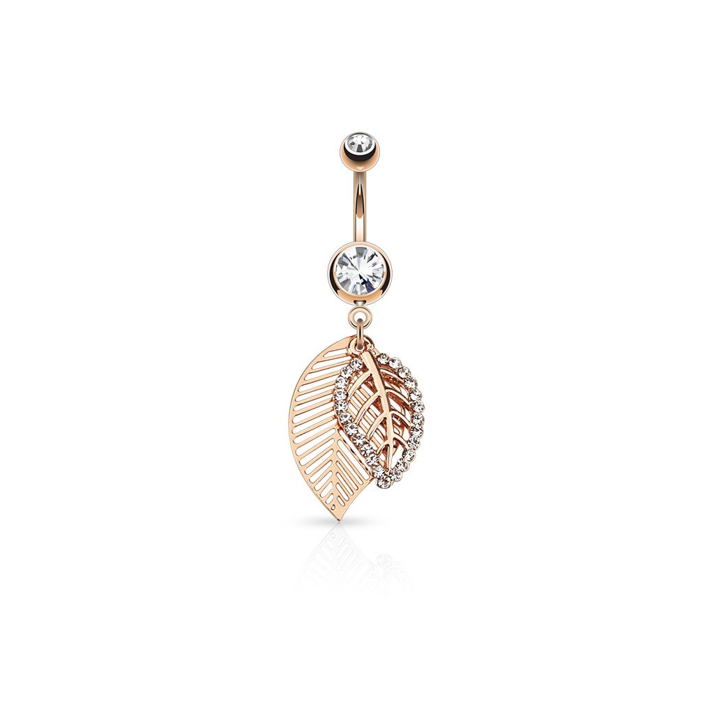 PiercedOff 316L Surgical Steel Rose Gold Tone Belly Bar with CZ Paved Fantasy Leaves Dangle - Thickness 14GA (1.6mm / Length 10mm / Ball Sizes 5mm and 8mm / Dangle Leaf Size is 22mm x 13mm