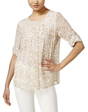 Women's Printed Roll-Tab Blouse with Pleats