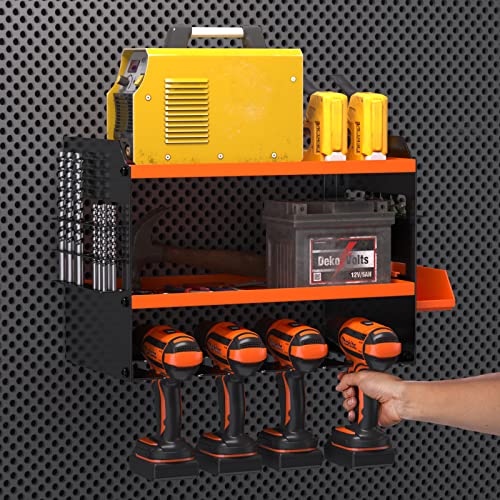 Power Tool Organizer Wall Mount - Heavy Duty Drill Holder with 4 Drill Storage Slots & 2 Large Capacity Compartments, Cordless Drill Storage Rack & Garage Drill Charging Station