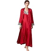 ASHER FASHION 2 Piece Women Satin Nightgowns and Robe Set Sexy Lace Silk Slip Dress Long Chemise Nightdress Sleepwear