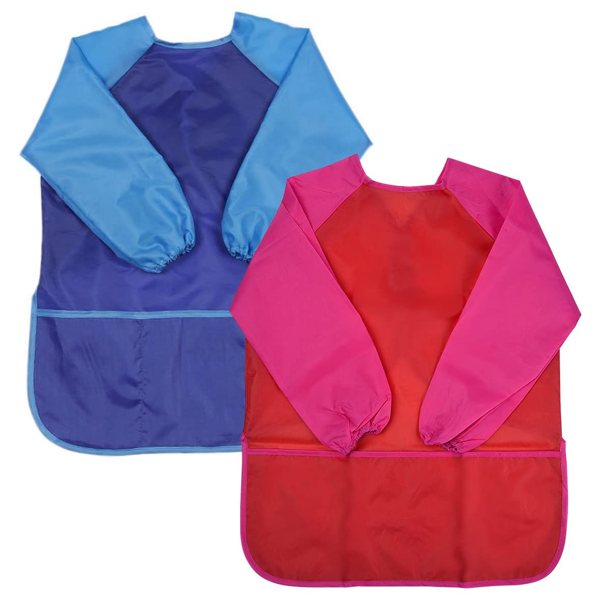 2 Pack Kids Art Aprons, Painting Aprons for Children, Waterproof Painting Smocks with Long Sleeve 3 Pockets for Age 5-10 Years Boys & Girls Art Craft Classroom Cooking Baking, Red and Blue (M)