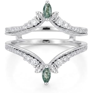 PYTALI 10K/14K/18K Gold Moss Agate Guard Ring Enhancer for Engagement Ring S925 Sterling Silver Moss Agate Ring Wedding Band