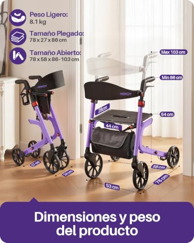 Kekoy K2 Andador para ancianos con asiento plegable de aluminio, regulable en altura, 181 kg de carga, andadores adultos con cojín de asiento de 44 cm, respaldo y bolsa de almacenaje, morado