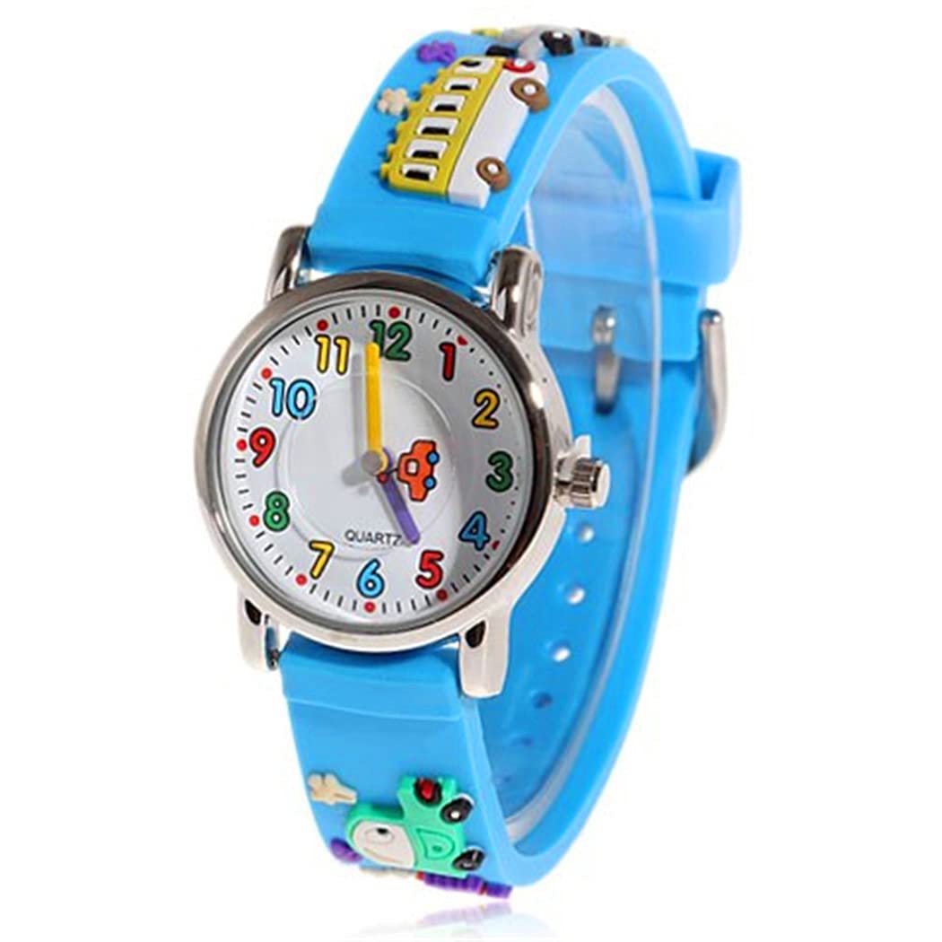 Mixe First Time Teacher Boys Girls Children Kids Analog Wrist Watch Cartoon 3D Band Environment Friendly Silicone (Blue Car) — image 1