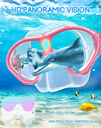 Gintenco Kids Snorkel Set, Diving Mask Dry Top Snorkel Set Kids, Anti-Fog Panoramic Snorkel Mask Impact Resistant Tempered Glass, Snorkelling Gear with Breathing Tube for Youth Junior Girls Boys