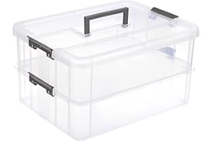 JUXYES 2-Tiers Stack Carry Storage Box With Handle, Transparent Stackable Storage Bin With Handle Lid Latching Storage Container for School & Office Supplies