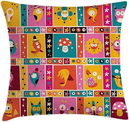 Kids Decor Throw Pillow Cushion Cover, Geometric Colorful Design with Cute Flowers Birds Mushrooms and Snails Pattern,Decorative Square Throw Pillow Cushion Cover 18x18 Inch, Multicolor