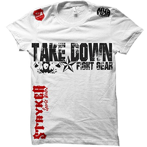 Take Down Fight Gear Skull Star MMA Ufc T-shirt (Medium, White / Red Black Logo)