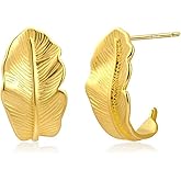 Watforsh 14K Gold Plated Leaf Feather Tropical Chunky Studs Statement Hypoallergenic Hoop Earrings for Women Prom Earrings