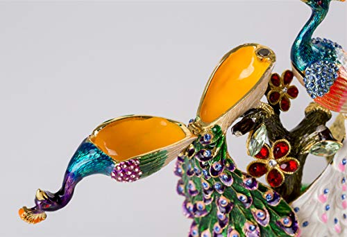 SEVENBEES Hand Painted Pair of Peacocks Figurine Enamel Hinged Jewelry Trinket Box