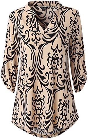 Dawiine Womens Casual Tunic Tops 3/4 Roll Sleeve Curved Hem Floral Print Tunic Blouse Shirts (X-Large, Black Taupe)