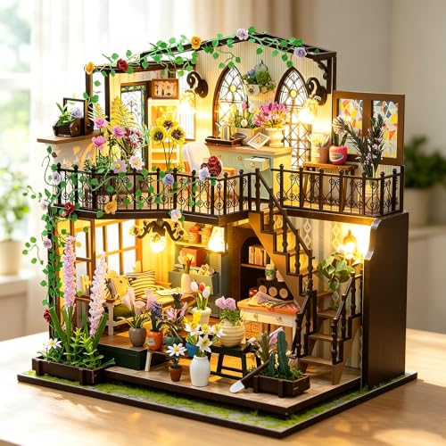 Kit DIY Casa Miniatura Jardim de Madeira Com Luz LED Modelo de Estufa Floral Brinquedo de Montagem Artesanal (Floral Casa Miniatura)