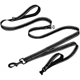 Double Handle Dog Leash Heavy Duty, Built-in Elastic Two Handle Dog Leash, Child Co Walk Shock Absorber Training Dog Leash with Reflective Stitching for High Visibility in Low Light Condition, Black