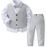 IDOPIP Toddler Kids Baby Boys Formal Suit Gentleman Outfits 4PCS Long Sleeve White Dress Shirt with Bowtie + Vest + Pants Autumn Fall Casual Birthday Wedding Party Dress Suit Gray - Vest 2-3 Years