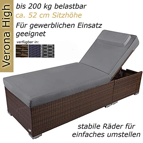 RS Trade Sonnenliege Verona High Braun/Grau - Outdoor Liege mit beständigem Poly-Rattan-Geflecht - verstellbare Rückenlehne – extra hoch & breite Liegefläche - inkl. Kopfteil und 12 cm Auflage – Bild 3