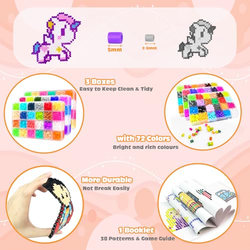 Iron on Beads, 5 mm Beads Fuse Beads of 72 Colours Set with Storage Box, User Guide, Decoration and DIY Crafts Ideas for Children Birthday Christmas