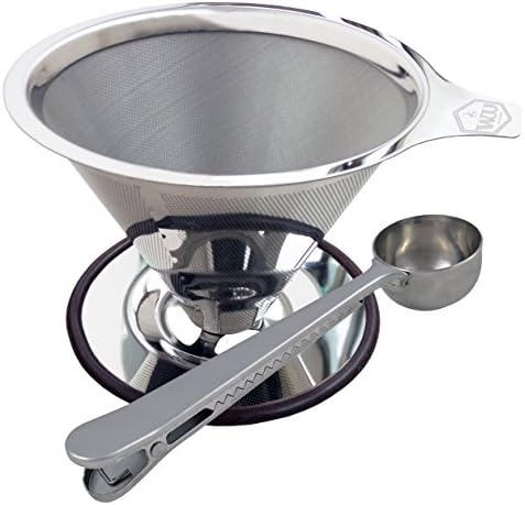 Pour Over Coffee Dripper w/ Scoop &amp; Bag Clip, Single Cup Maker - Paperless Stainless Steel Filter
