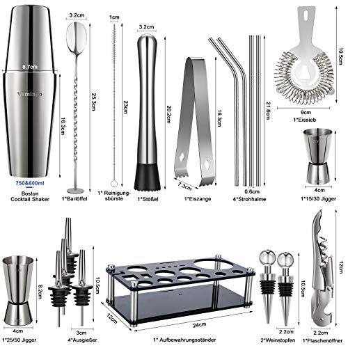 20 Teiliges Geschenkset Cocktail Set Boston Shaker mit Acryl Ständer | Cocktail Shaker Set Edelstahl | Cocktailshaker… – Bild 3