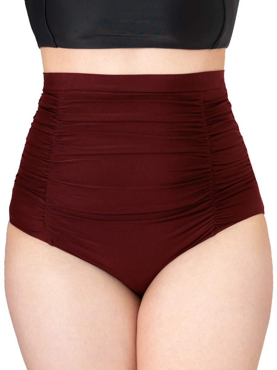 Photo 1 of SHAPERMINT Women Ruched High Waisted Maroon Bikini Bottom Swimsuit, Tummy Control Full Coverage Swimwear, Small to Plus Size