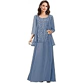 2 Pieces Mother of The Bride Dresses for Women Chiffon 3/4 Sleeves Mother of The Groom Dress with Jacket