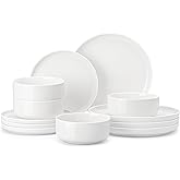 MALACASA Plates and Bowls Sets, 12 Pieces Porcelain Dinnerware Sets Dishware Sets Chip Resistant Ceramic Dish Set Dining Dinner Ware Service for 4, White, Series LUNA