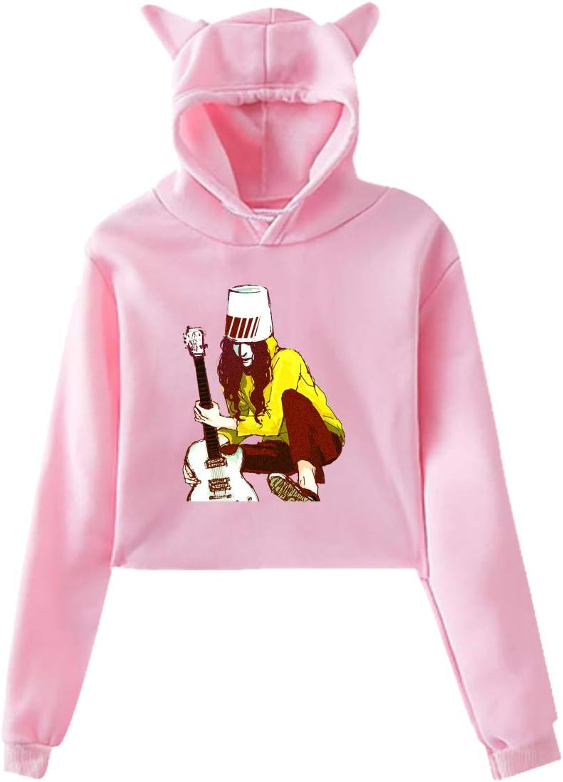 Woman's Buckethead Cute Music Band Long Sleeves Cat Ear Hoody Crop Sweater Casual Sweatshirt Gift