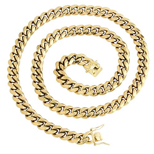 GOLD IDEA JEWELRY 14K Gold Plated Miami Cuban Link Chains Hip Hop Necklace with Stainless Steel Clasp for Men 12mm-20mm