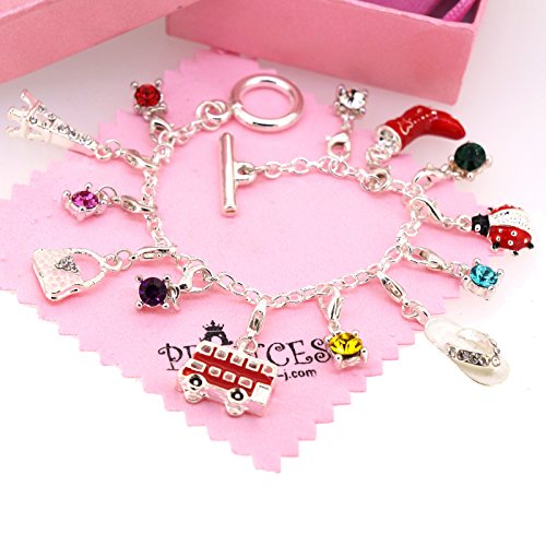 Silver plated link chain bracelet with 12 removable charms for ki…