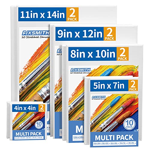 FIXSMITH Stretched Canvas for Painting- 10 Pack Multisize 4x4,5x7,8x10,9x12,11x14 (2 of Each),100% Cotton,Primed,for Acrylic,Oil,Other Wet or Dry Art Media,for Artists,Kids,Beginners and More.