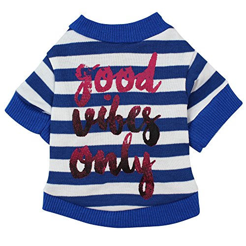 Dog T-Shirt,Alalaso Cotton Stripe Puppy Costume for Small Dog Letter Printed Good Vibes ONLY(Blue,S) - Thumbnail 5
