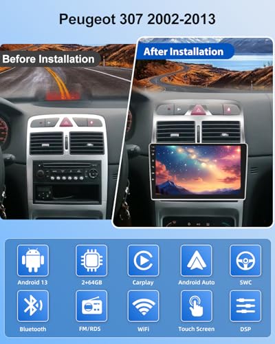 NHOPEEW 2+64G 9 Pollici Android Radio for Peugeot 307 2002-2013 – Wireless CarPlay & Android Auto, Navigazione GPS, Controllo Del Volante, FM RDS, Split Screen