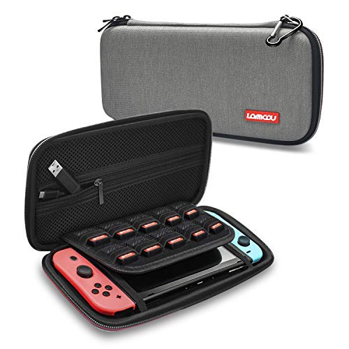 Lammcou Slim Carrying Case for Nintendo Switch with 10 Game Cards Slots, Aluminum Carabiner, Double Zipper, Enhance Elastic Strap. Soft Padded Storage Bag for Nintendo Switch Accessories - Gray - Thumbnail 7