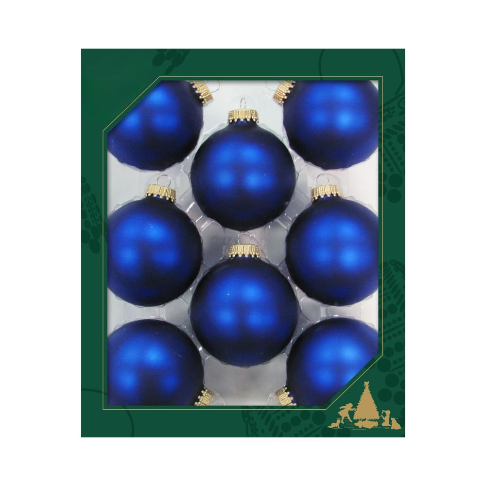 Dekohelden24 Lauschaer Christmas Tree Decorations Set of 8 Baubles Plain Matt Satin Royal Blue 6.7 cm with Golden Crown + 50 Quick Hangers