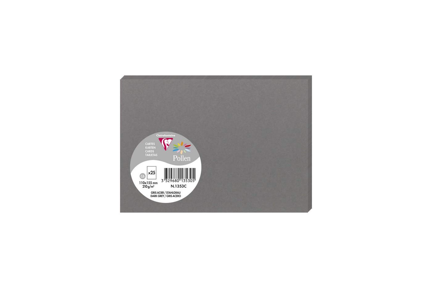 Clairefontaine 1353C Pack of 25 Plain Cards Format C6 11x15,5cm 210gsm Dark Grey Invitation Correspondence Boards Event Pollen range Smooth Premium Paper