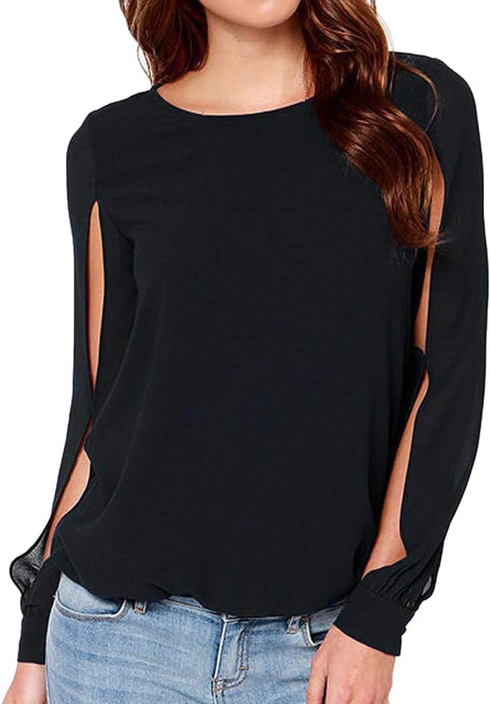 POQOQ Tops T Shirts Womens Blouses 3/4 Sleeve Cowl Neck Basic Loose Elegant Slim Cut Hem Design Long Sleeve L Black