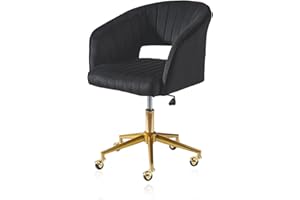 Kiztir Velvet Home Office Chair, Modern Swivel Desk Chair with Gold Base, Round Solid Wheel, Adjustable Vanity Chair for Study, Living Room, Bedroom (Black)