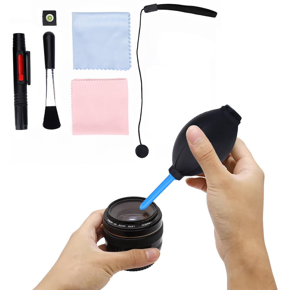 7 In 1 Professional Camera Cleaning Kit, Lens Cleaner Accessories with Brush Dust Blower Clean Clothes Hot Shoe Level Lanyard Replacement Photography Ideas for Optical and Digital SLR Cameras
