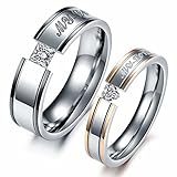 LAVUMO Him Her Couple Rings Stainless Steel Anniversary Engagement Promise Wedding Band My Love CZ