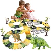 SnowCinda Toys for 4-5 Year Old Boys, 192 Pcs Dinosaur Toys Upgraded Race Car Flexible Track Jurassic World with 1 Trains&Car,1 Turntable,3 Mini Dinosaurs,Best Gift for Age 3-10 Year Old Boys/Girls