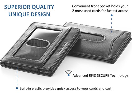 Compact RFID Card Sleeve Wallet Premium Leather Money Clip Card Holder for Up to 10 Cards