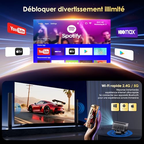[Built-in App] 1080P 4K Video Projector Supports Mini Home Theater Projector Video Projector Support for Automatic Trapezoidal Correction, Android TV BT5.1 360° Rotation, TV Stick/with HDMI,
